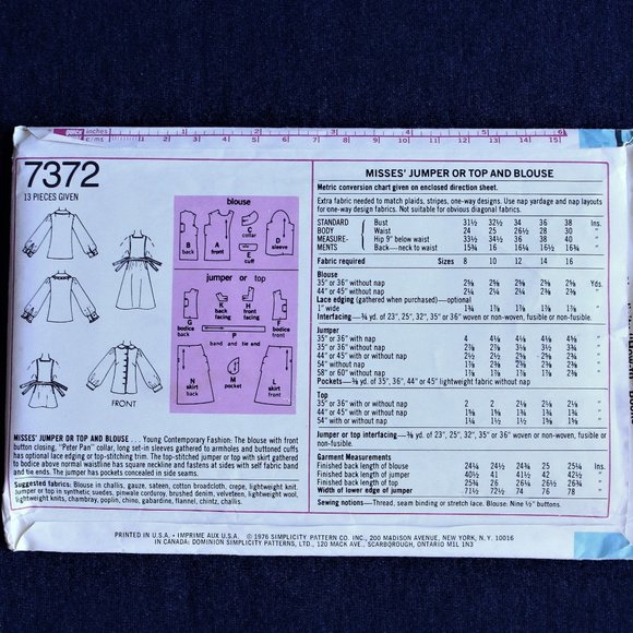 VTG Jumper Dress Top Sewing Pattern Simplicity 7372 Cottagecore Miss 12 Bust 34 - Picture 3 of 4